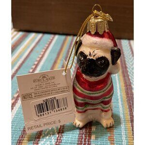 Kurt Adler Glass Ornament Christmas Holiday Pug‎ Dog Santa Hat Striped Sweater